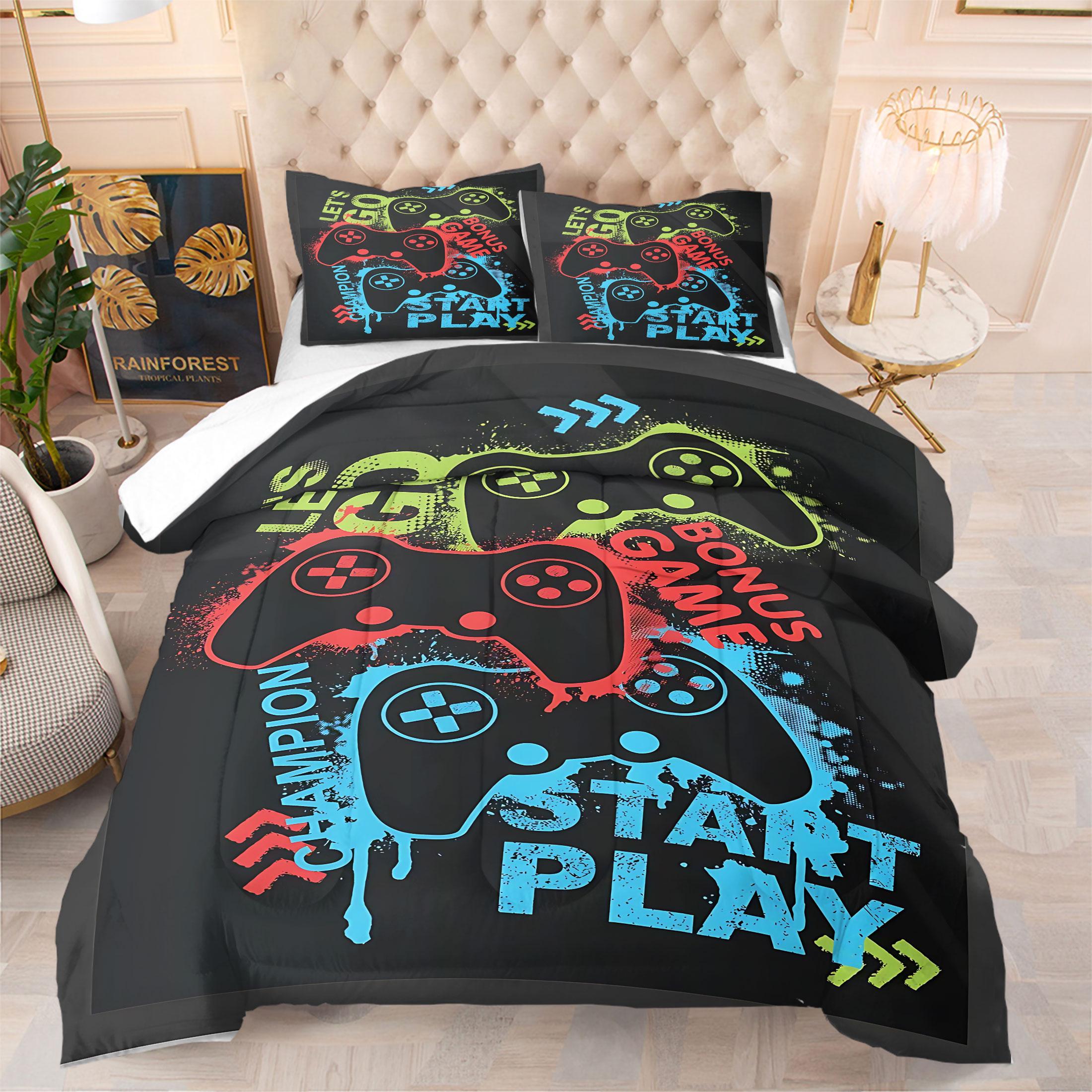 Street Graffiti Game Controller Comforter Set,Includes 1 Comforter & 1-2 Pillowcases,Neon Gamer Themed Print Bedding Set,Soft Breathable All-Season Gamer Bedding,for Teen Boys Bedroom Gamer Room Dorm Decor,Perfect Gift for Video Game Lovers