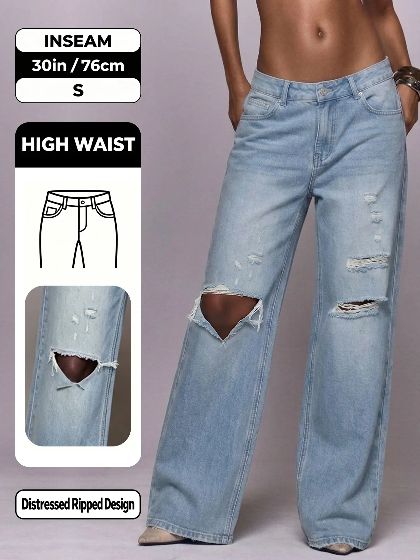 Vintage Light Blue Ripped Loose Fit Jeans, High Waist Street Style Denim Jeans, Casual Long Regular Length, All Seasons Wear Streetwear, High Waisted Jeans