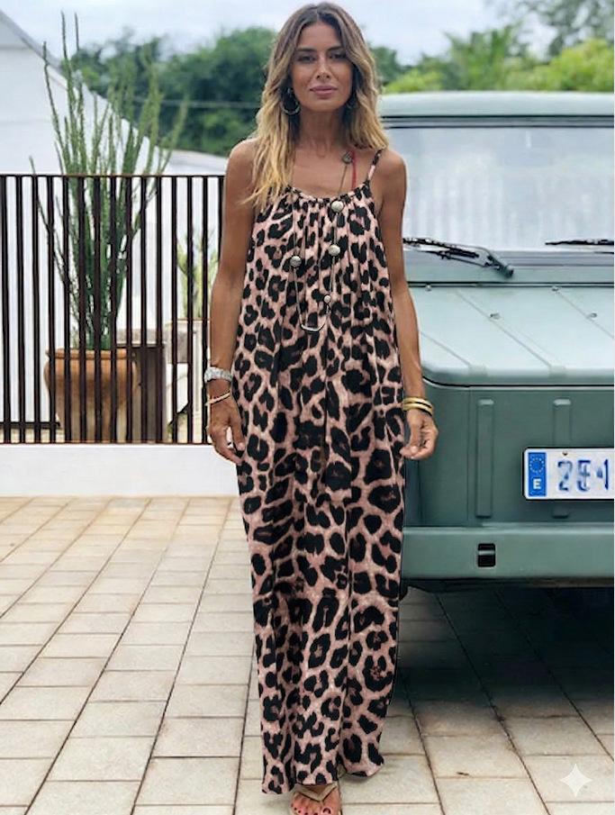 2026 Women's Nightdress Printed Halter Neck Backless Loose Nightgown Casual Homewear in Leopard Print