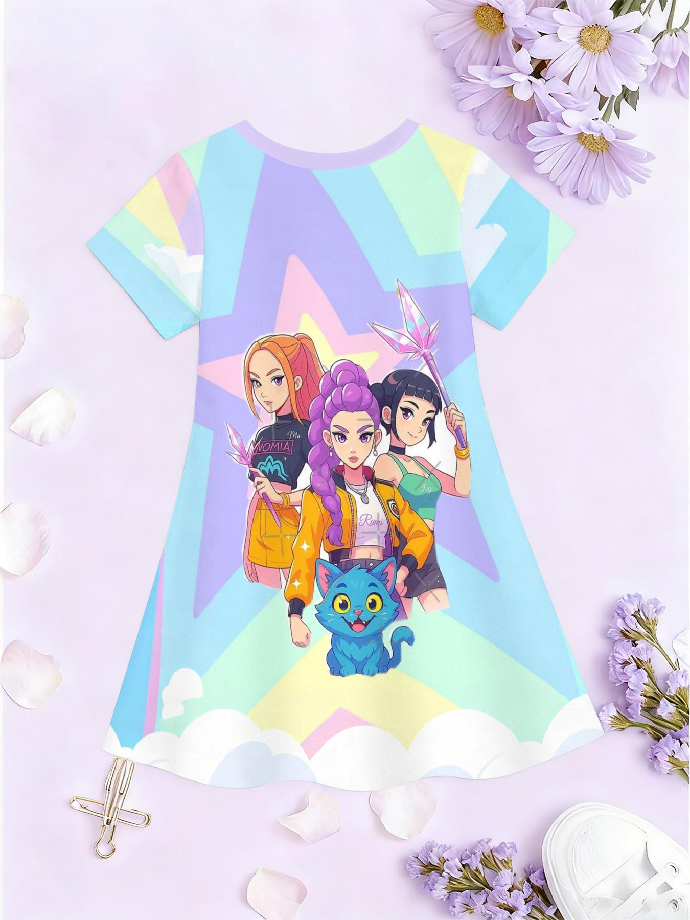 Girls' 3D Kpop Dress, Macaron Color Star Cloud Print A-Line Skirt, Perfect for Parties, Festive Gifts, Birthday Presents