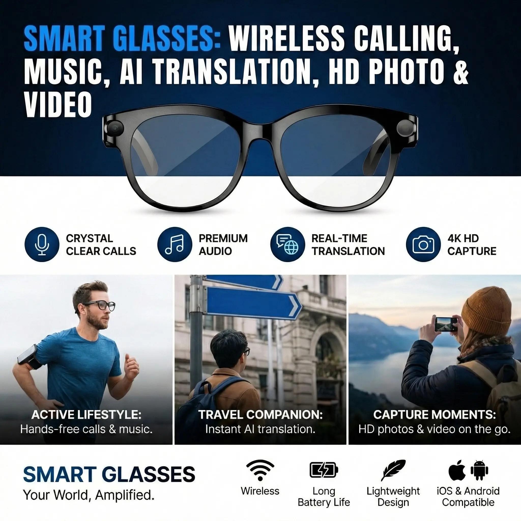 M89 Smart Bluetooth-compatible Glasses, HD Camera, Music Control, Wireless Calling, Object Recognition, Outdoor Sports, Multi-Functional Bluetooth-compatible