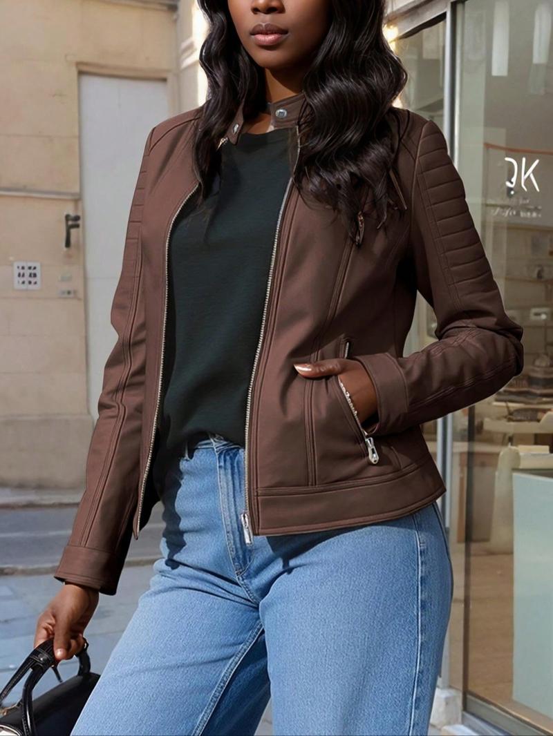 Women's PU Jacket Spring Fall Retro Motorcycle Style, Casual Fitted Plaid Outerwear, Long Sleeve Stand Collar Commuter Coat