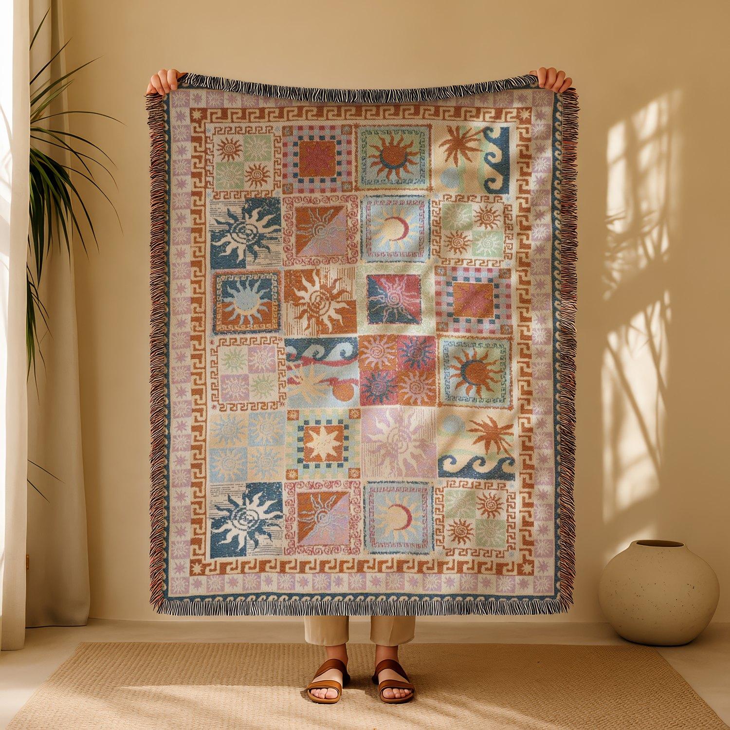 Multi-Function Tassel Woven Blanket, Decorative Blanket, Spliced Geometry Pattern Bed Blanket, for Sofa Cover Couch Throw Blanket Armchair Home Decor Furniture Slipcover Tablecloth Shawl Outdoor Picnic Camping Beach Towel Office Nap