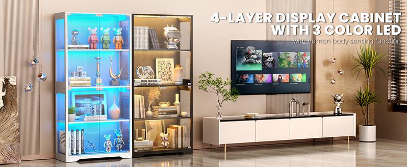MIIFUNY Display Cabinet with Glass Doors, Storage Cabinet with 3 Color Light, 4-Tier Curio Cabinet Bookcase for Collectibles, Toys, Books, for Playroom, Bedroom, Study Room, White