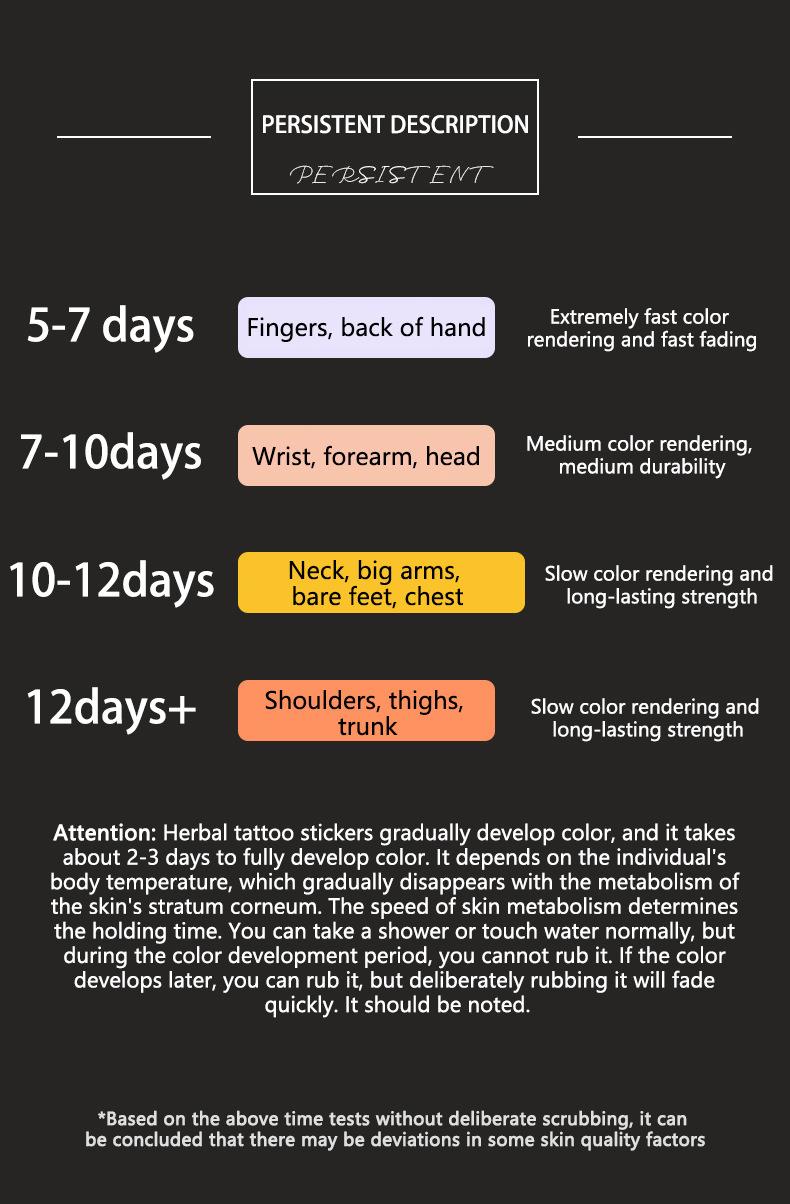 Waterproof temporary tattoo, magic tattoo, lasting 7-15 days, selected person, herbal juice, semi permanent tattoo, arm and chest simulation tattoo