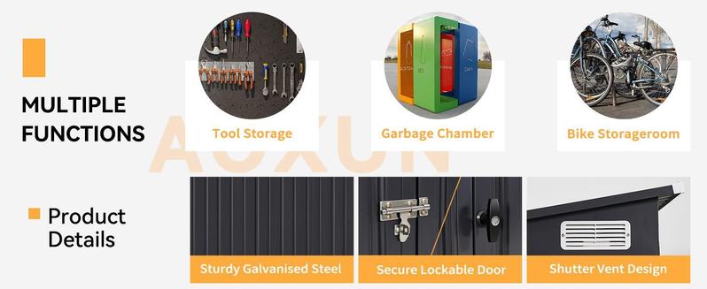 Aoxun 8'x4' Triple Door Shed Outdoor Storage Shed with Three Lockable Door for Easily Accessing Metal Storage Cabinet with Slopping Roof for Tools Bicycles Storage for Garden, Backyards (Black)