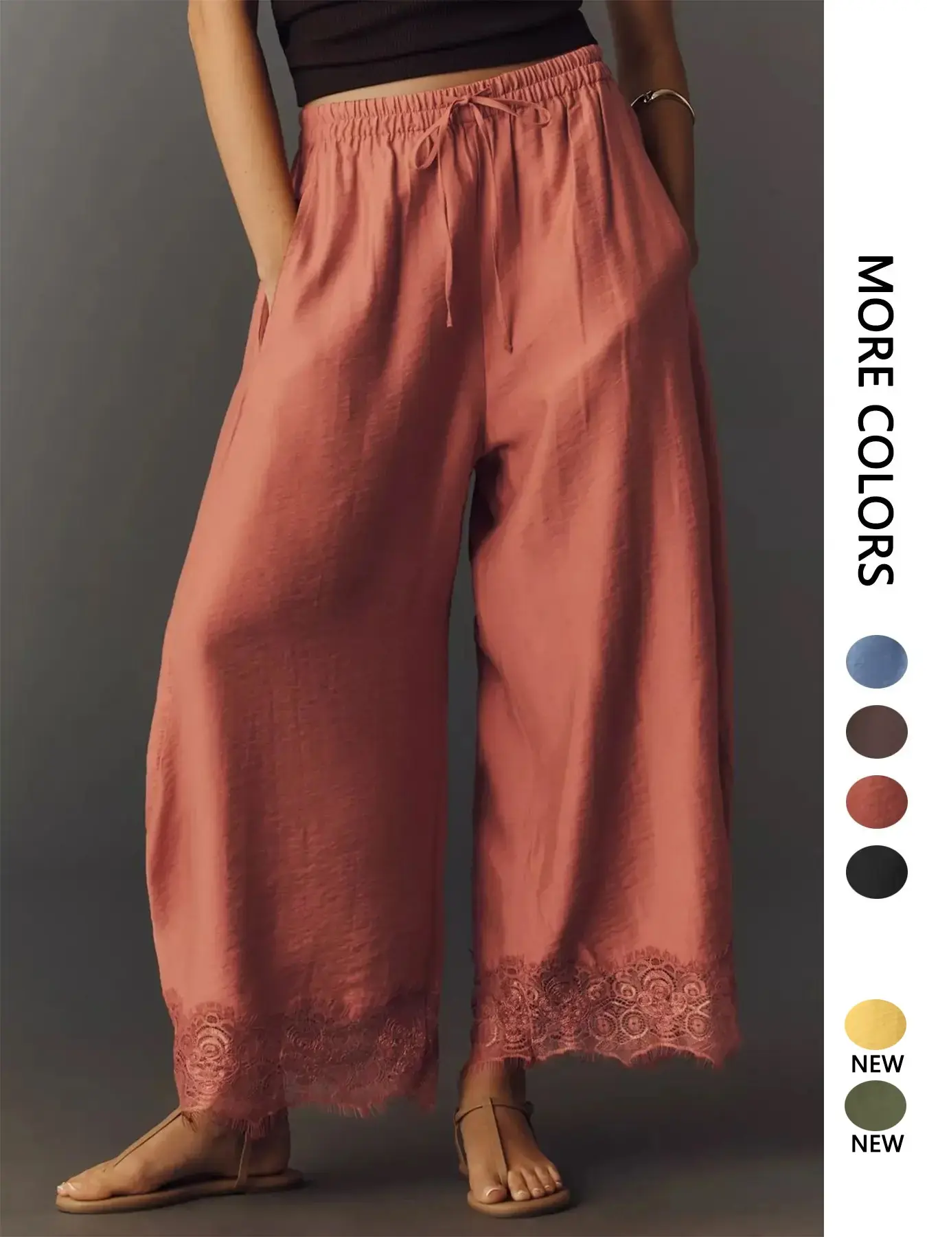 Women's Long Pants, Lace Patchwork, Asymmetrical Hem, Pocket Elastic Waist, Printed Nine-Inch Pants, Summer Loose Wide Leg Pants, Casual