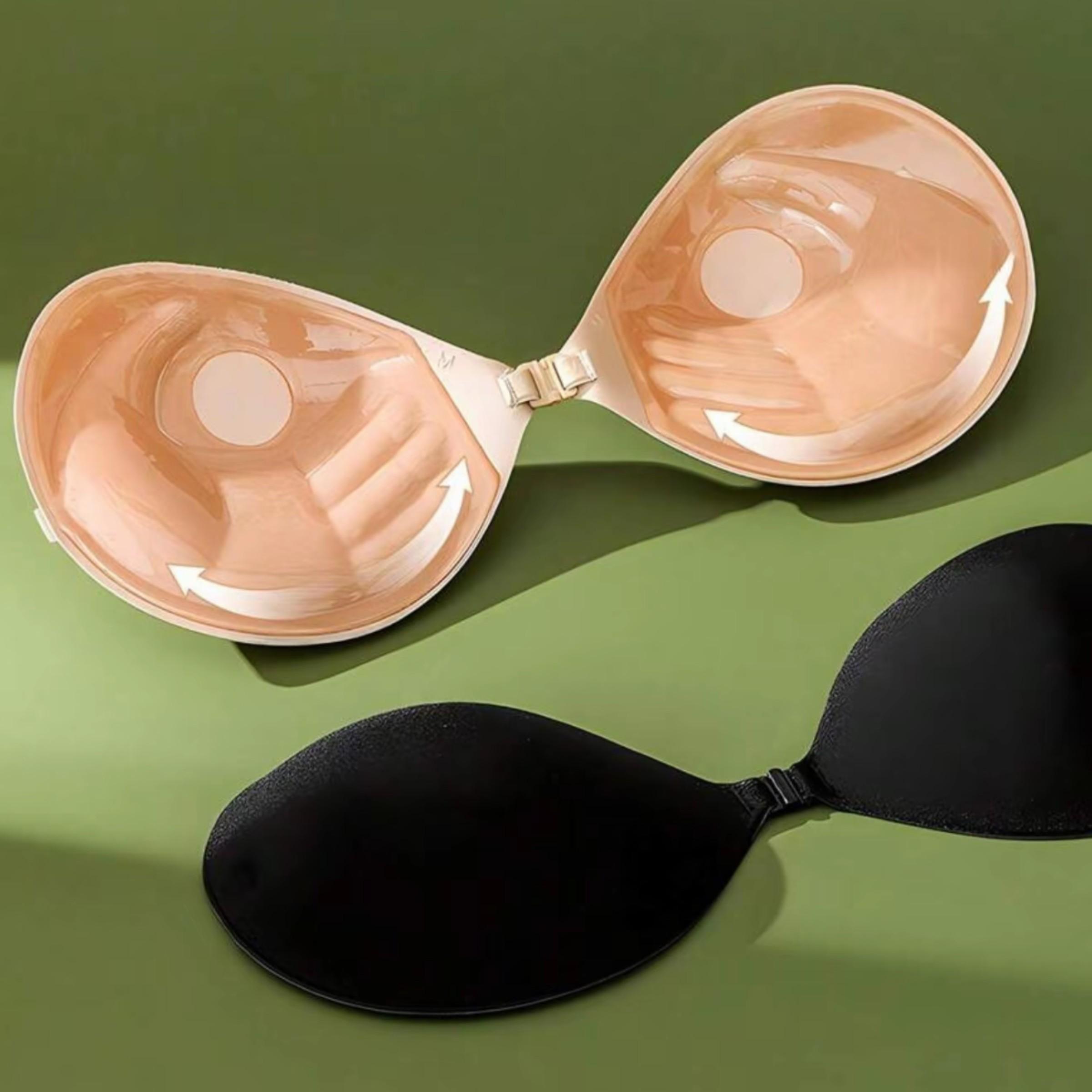 2 Pairs Front Buckle Push Up Invisible Adhesive Bra, Strong Adhesive Anti Slip Gathering Bust Lifter Strapless Nipple Covers Black & Nude For Wedding Party Evening Dress Daily Outfit Front Pushup Non Slip Bra