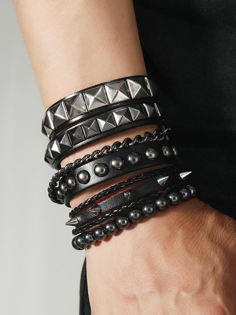 Punk Style Rivet & Beaded & Braided Decor Bracelet Set, Fashionable Adjustable Stackable Bracelets for Party, Daily Clothing Decor, Trendy All-match & Exquisite Jewelry for Gift