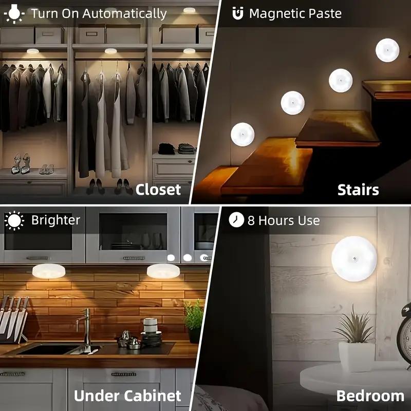 3/6pcs USB Round Motion Sensor Lights with Adjustable Brightness, Touch Control & Wall-Mountable Design - Rechargeable Battery-Powered Lighting for Toilets, Cabinets, Stairs, Corridors, Office Spaces