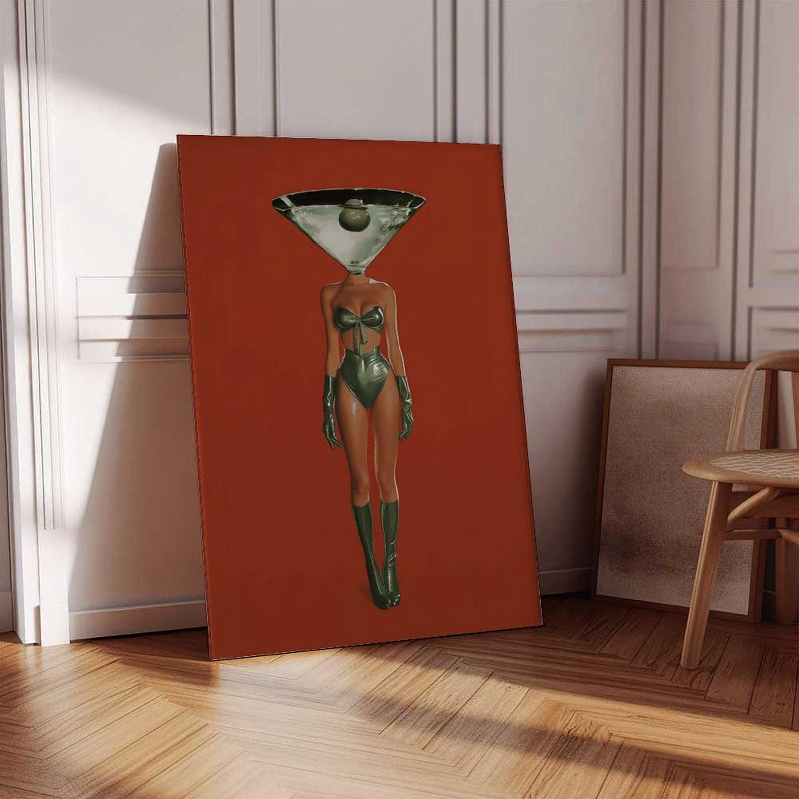 Vintage Dirty Martini Cocktail Print - Retro Bar Cart Decor, Red Wall Piece with Woman & Retro Drink, Aesthetic Canvas Poster for Bedroom, Funky Home Decor, Anime Wall Accent