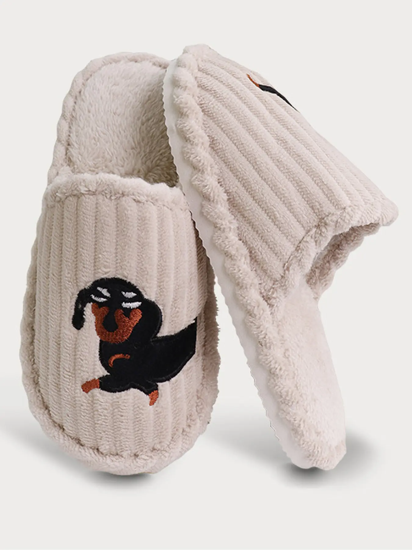 Women's Corduroy Closed Toe House Slippers Cute Dachshund Embroidery Warm Plush Lining Non-Slip Sole Indoor Bedroom Mules for Fall Winter
