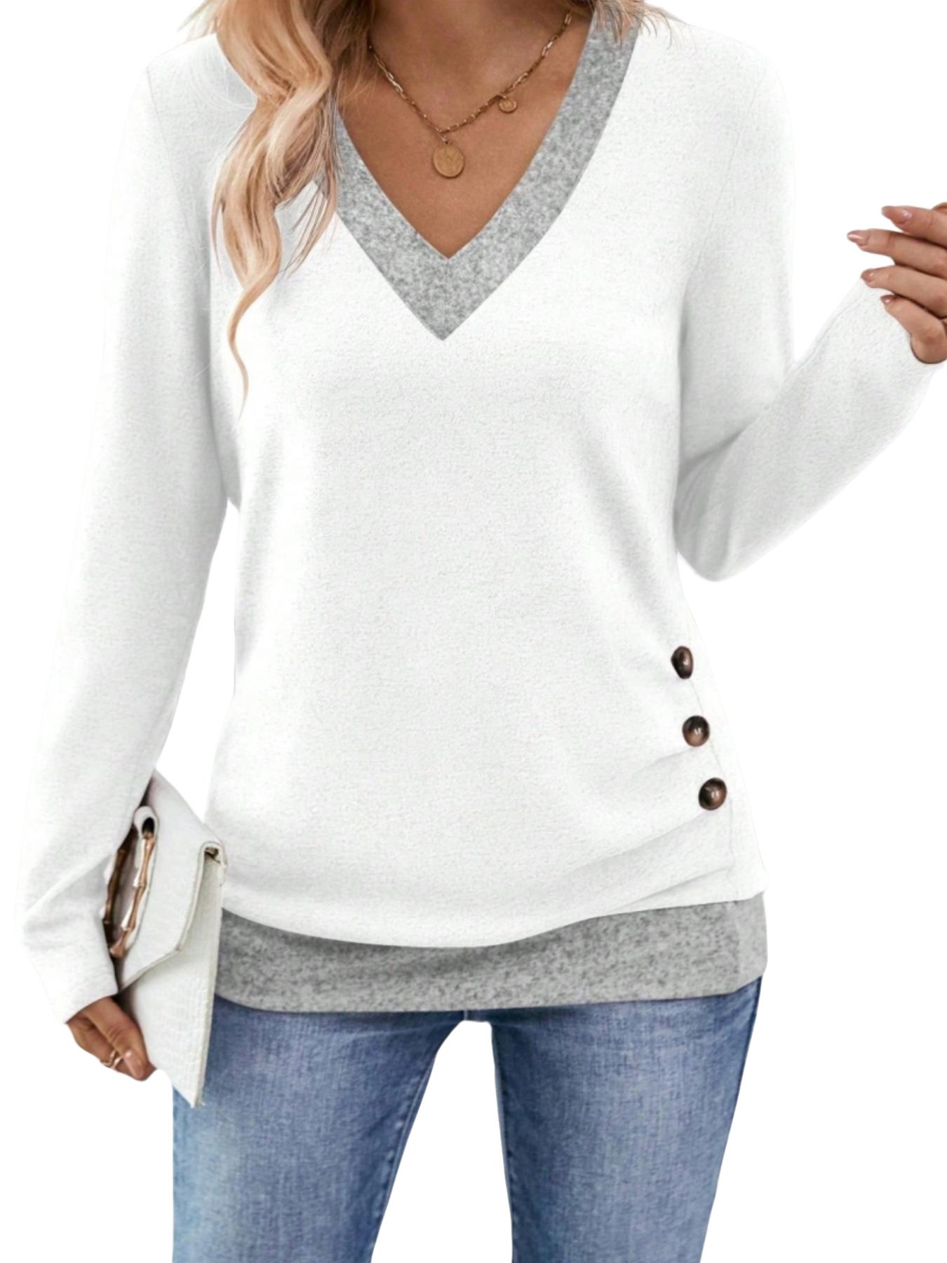 Women's V Neck Colorblock Long Sleeve Shirt Vibrant Design Autumn Winter Casual Outerwear Color Contrast Style Comfortable Woven Fabric