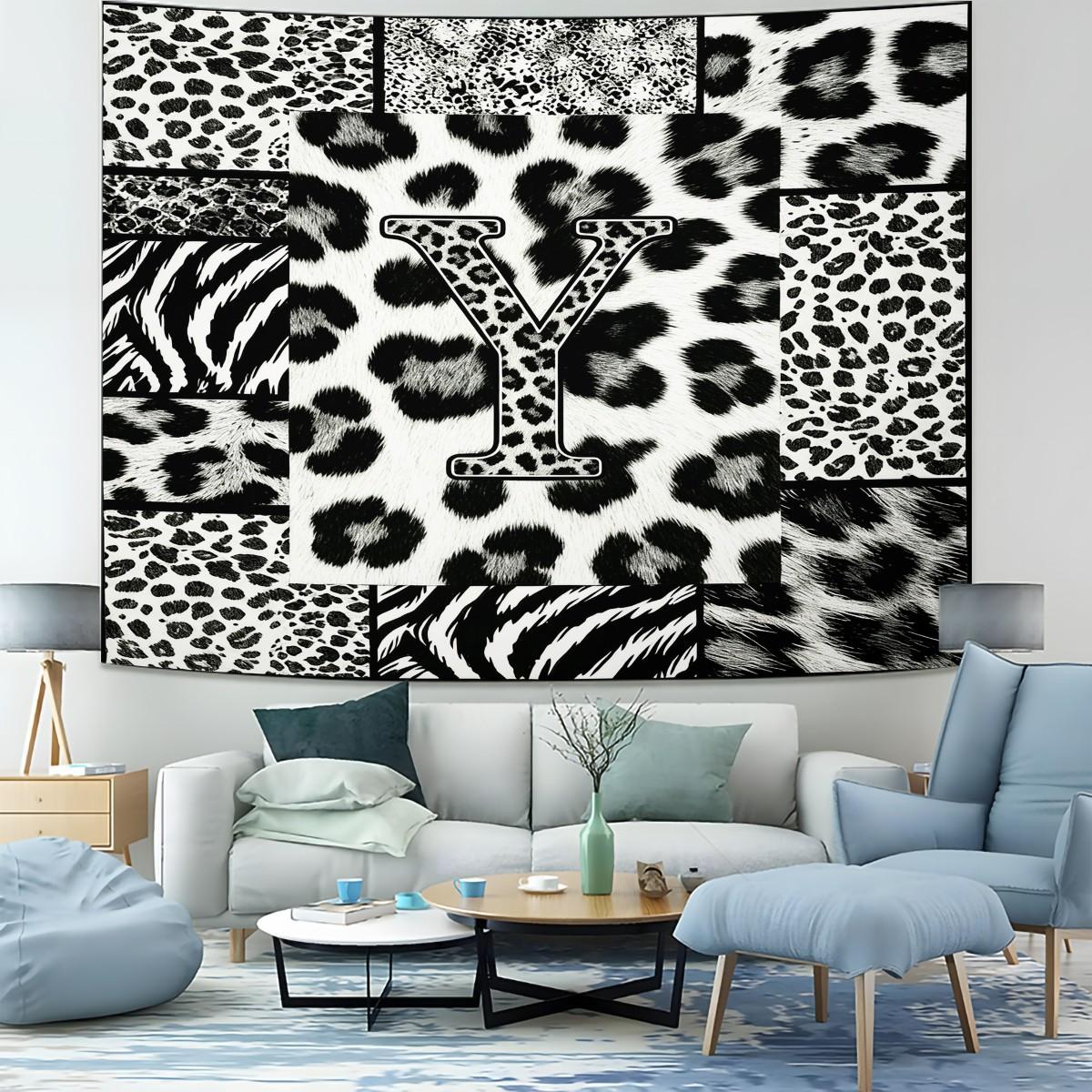 Personalized Initial Wall Tapestry, Retro Leopard Print Patchwork, Easy Care Good Shading, Suitable for Living Room Rental Wall Decor