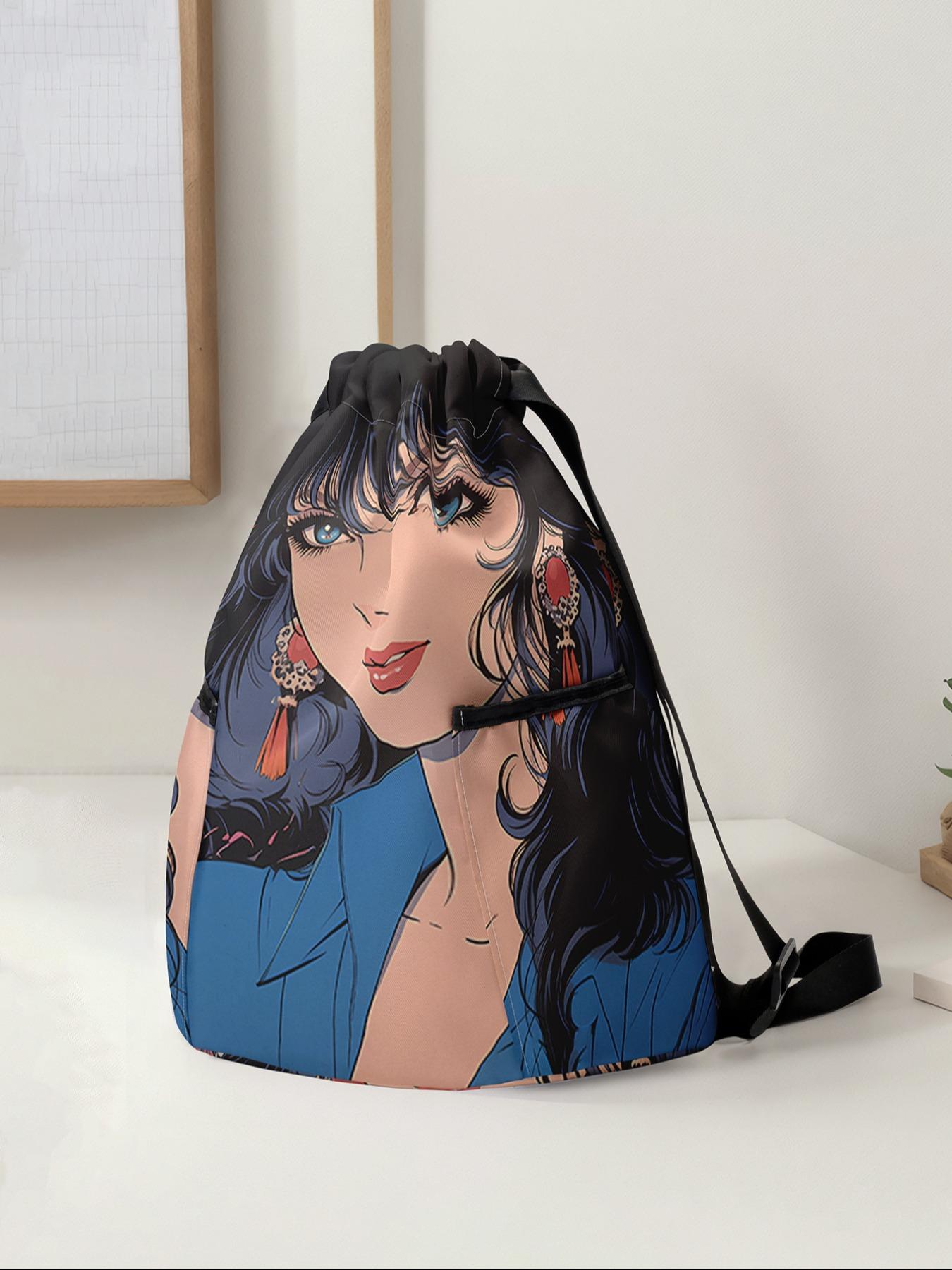 Anime Character Printed Drawstring Backpack, Large Capacity Durable Gym Bag with Adjustable Straps, Casual Travel Hiking Camping Essential