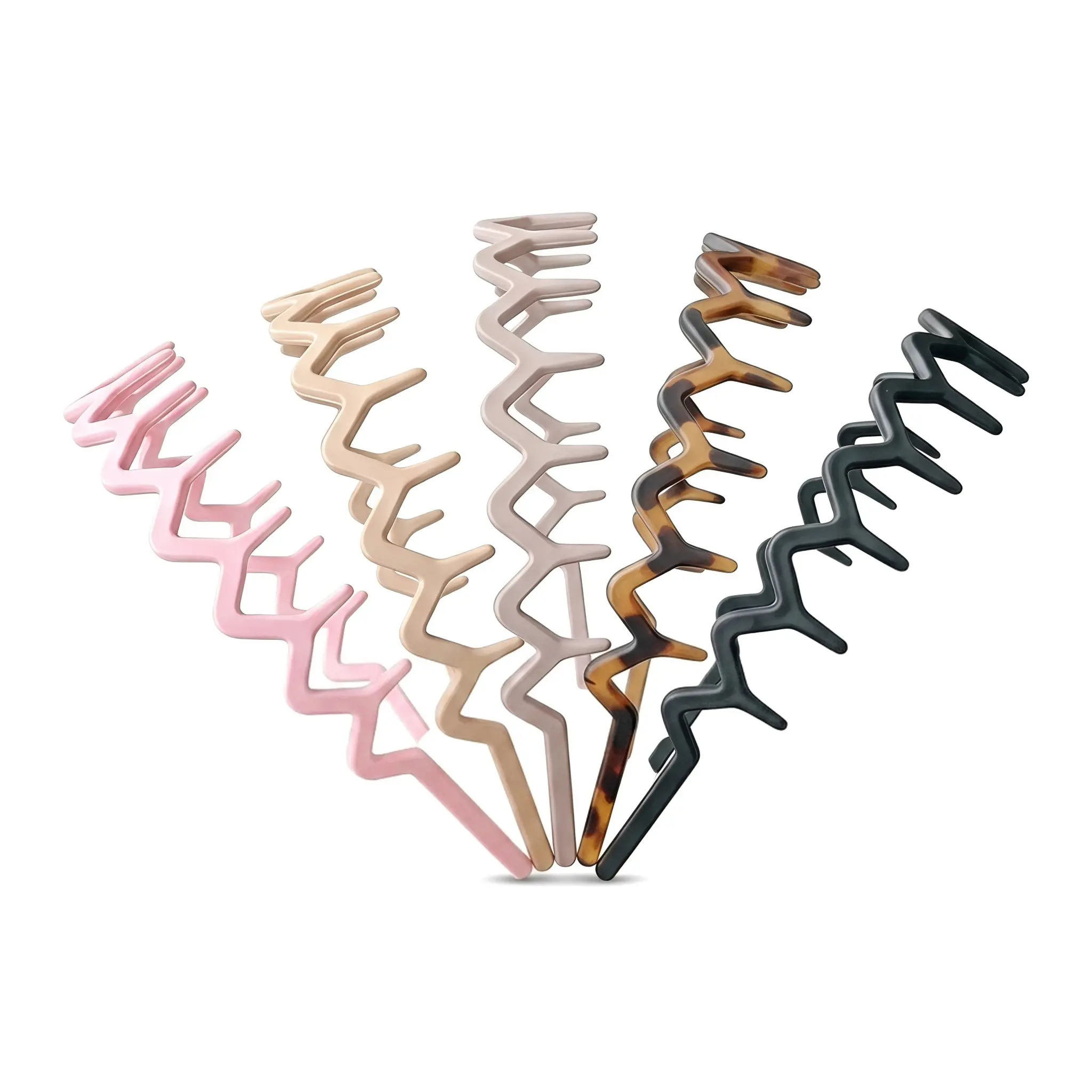 Women's No-Slip Grip Zig Zag Headbands (5-Pack) - Skinny Width Slender Band Wave Teeth Retro Hair Hoops, Elastic Fabric Flexible Stretchy Comfort Fit for Face Washing, Gym Workout, Soft Neutrals Tortoiseshell Matte Black