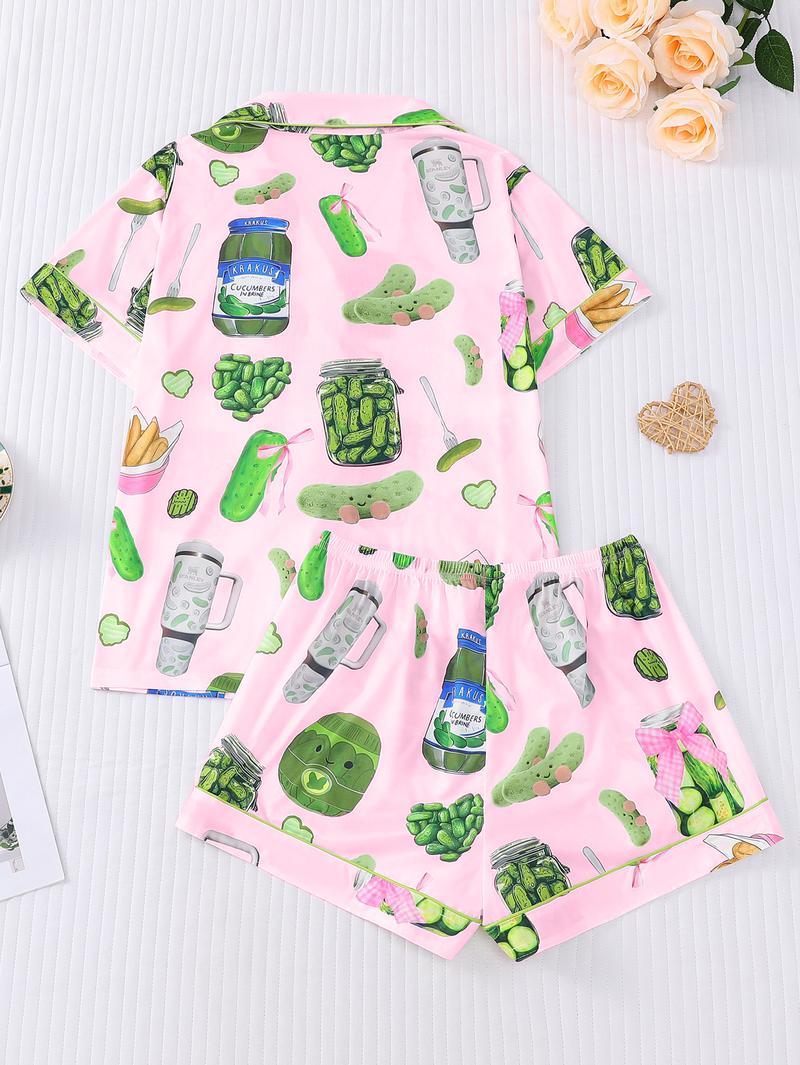 Elegant women's sleepwear set with knitted fabric short sleeved button top and shorts, pickled cucumber print home clothes, casual one-piece cartoon pattern sleepwear combination, lemon design essential short sleeved fashionable women's pocket style