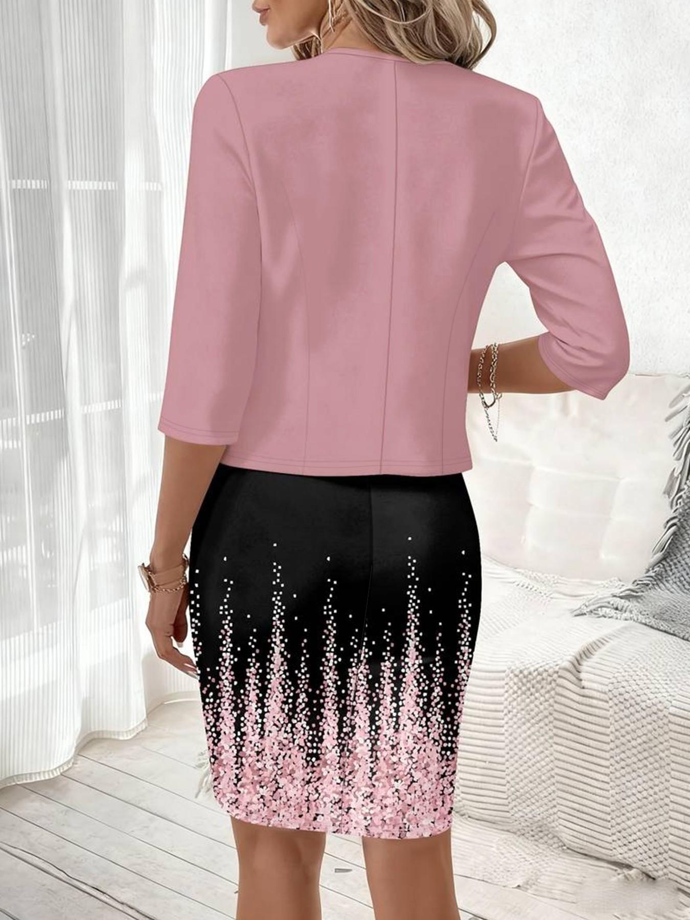(short skirt) (small size) (general fabric) (printing design) Spring, summer and autumn knitted cardigan blouse with slim waist and printing design; classic straight dress, two-piece suit, suitable for women; elegant wedding guest dress