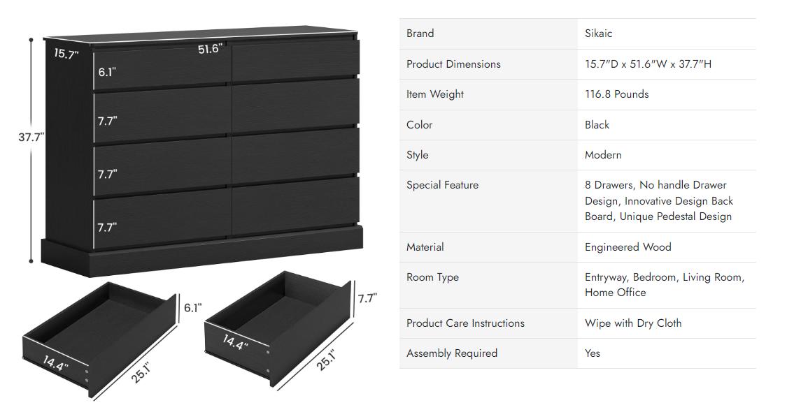 Sikaic 8 Drawers Long Double Dresser with Storage Organizer
