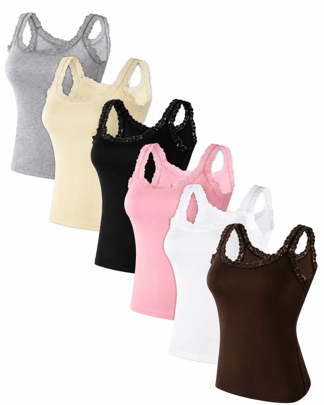 Women's Lace Trim Camisole Tank Tops, Soft Stretch Sleeveless Knit Cami Tops, Multicolor Fitted Basics for Layering and Everyday Wear Casual Fabric