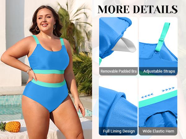 Daci Women Plus Size High Waisted Bikini -Two Piece Swimsuit Sporty Athletic Bathing Suit Full Coverage Swimwear