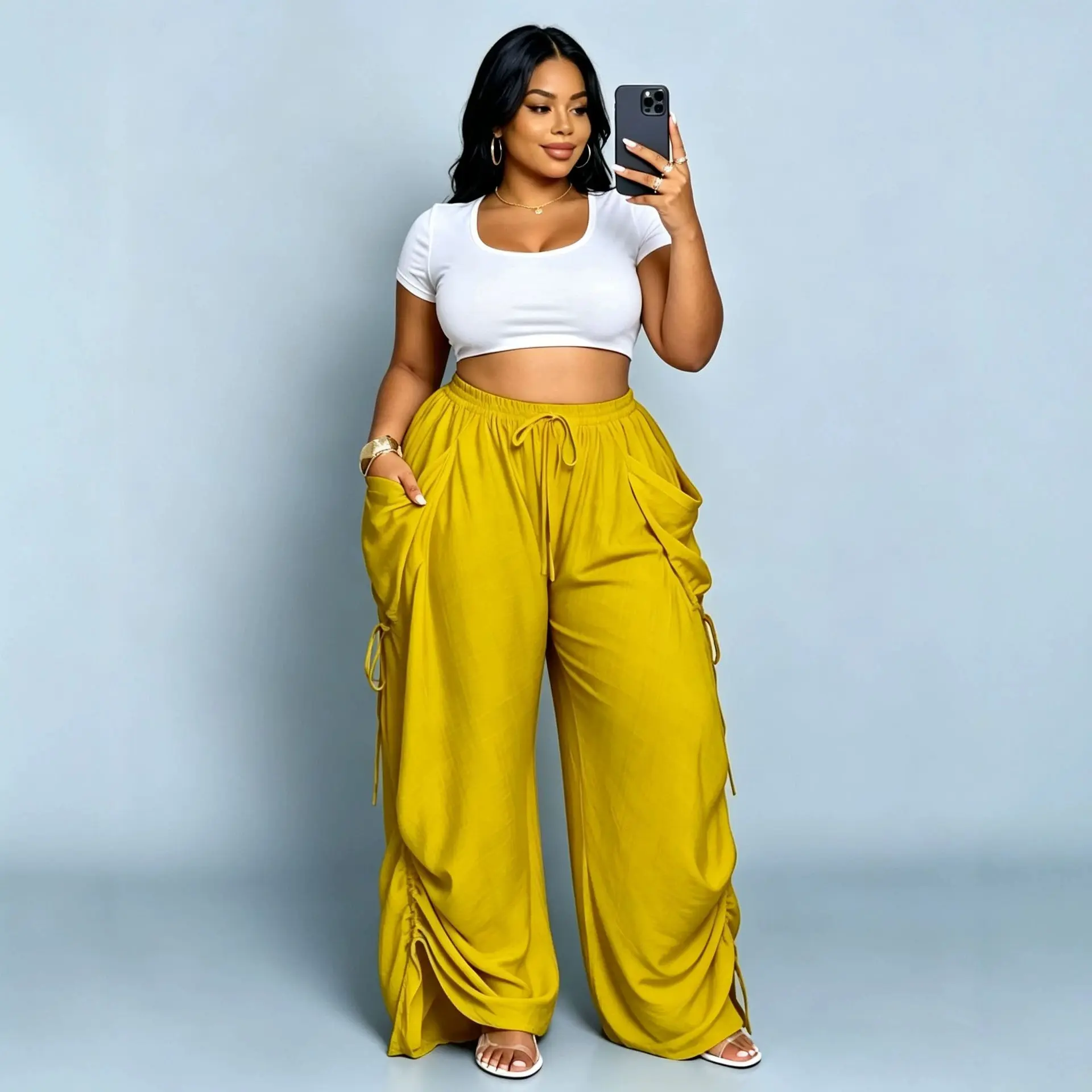 Women's casual loose-fitting wide-leg pants, high-waisted loose-fitting pants, wide-leg pants with pockets, plus-size casual pants, all-season woven fabric, long-sleeve plain design, suitable for daily commuting and vacation wear.