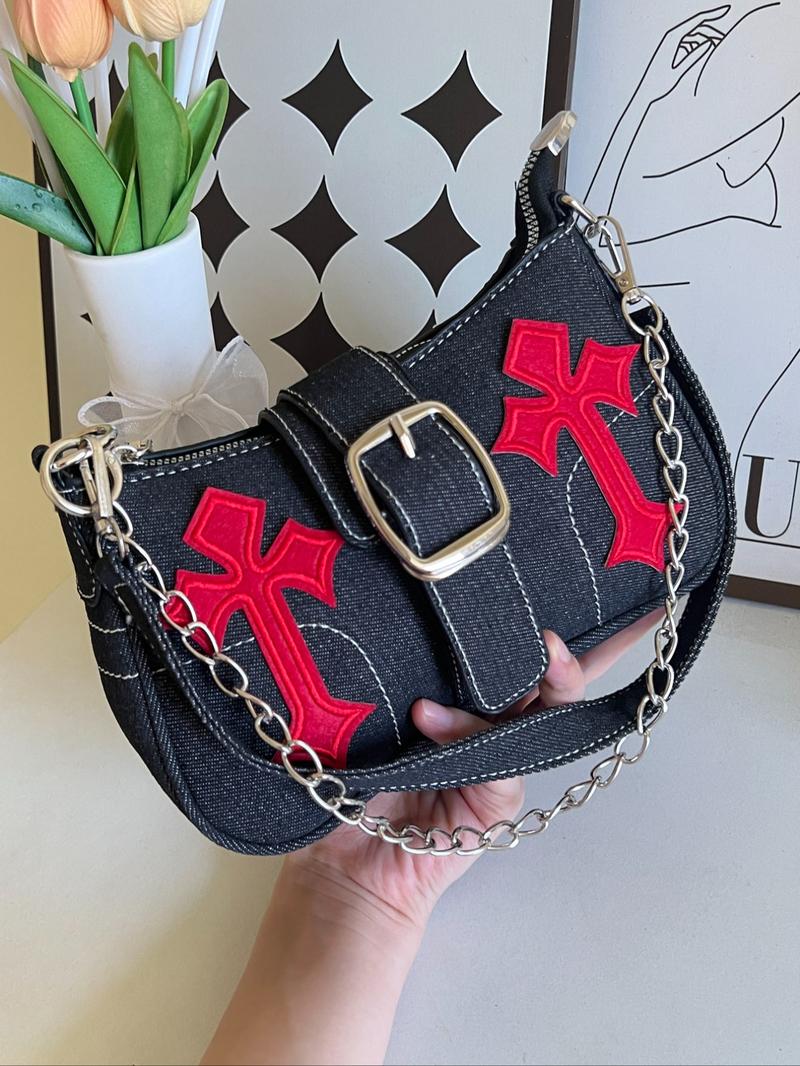 Women's Fashionable Star Patched Shoulder Bag, Vintage Y2K Style Chain Decor Underarm Bag for Daily Used, Casual Trendy Versatile High-quality Daily Commuting Bag, Crossbody Chain Bag