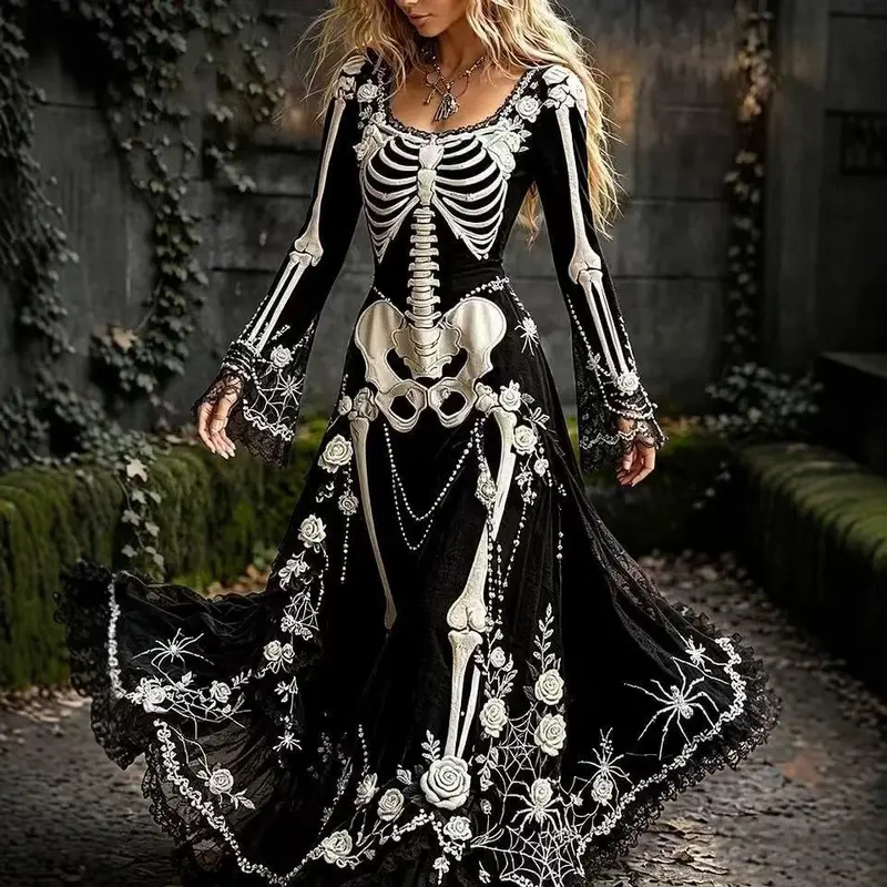 Black skeleton-and-rose maxi dress with spiderweb motifs and flared sleeves