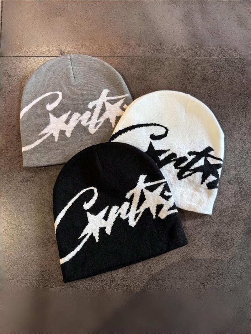 Y2K Star Knit Beanie Hat, Unisex Streetwear Party Cap, Asymmetrical Design, Fitted Style, Vintage Millennium Fashion