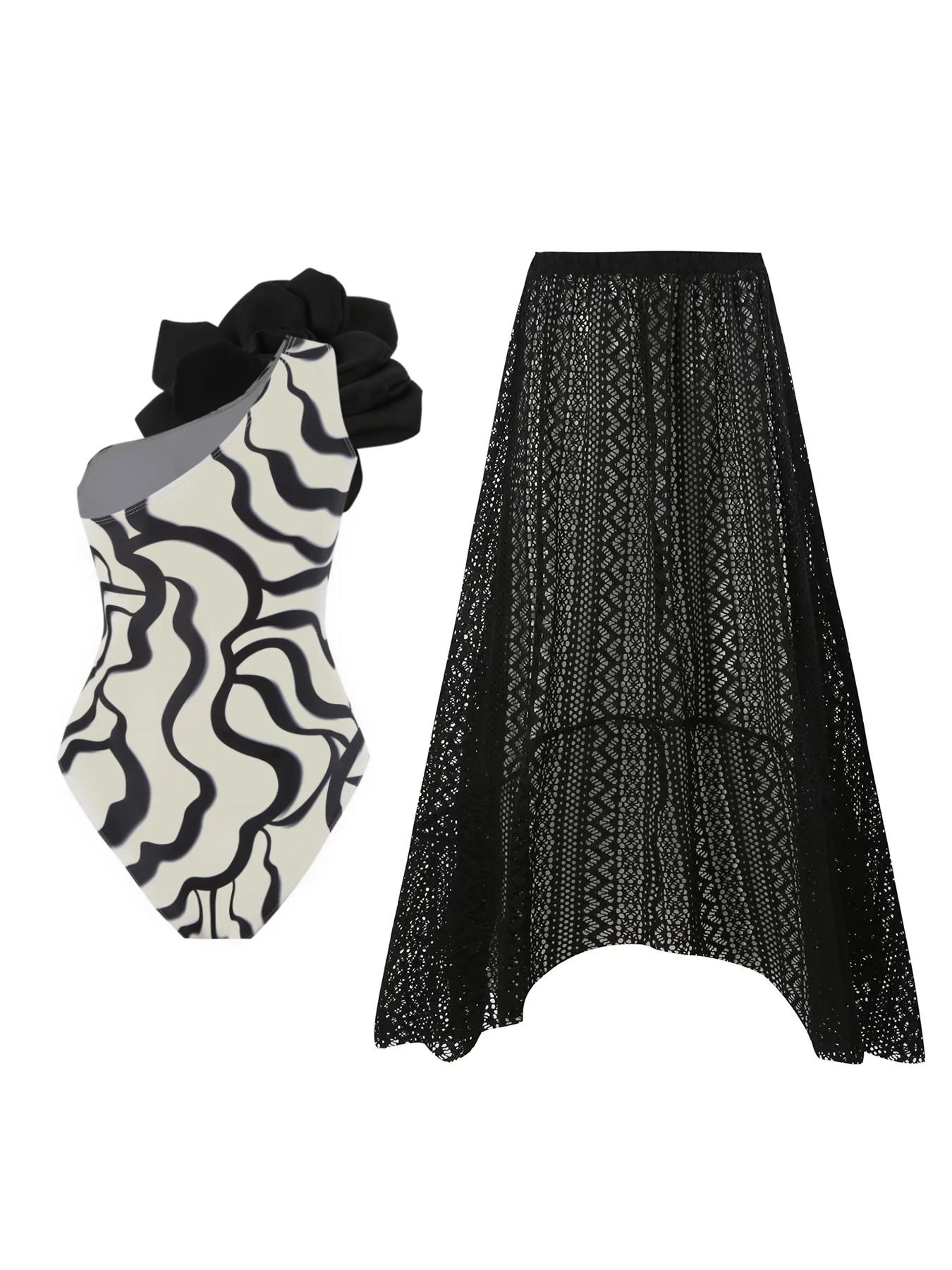 Women's Flower Decor One Shoulder One Piece Swimsuit & Skirt Set, Appliques Striped Print One Piece Swimsuit & Flared Skirt, Two Piece Outfits for Summer Beach Holiday Vacation, Swimsuit Cover Ups