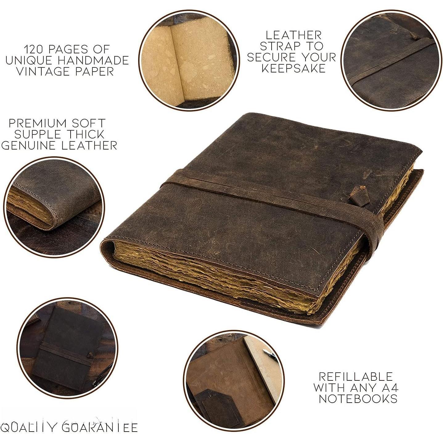 Refillable  Leather Journal - Book of Shadows Journal,  Journal, Writing Journal,  Antique Deckle Edge Paper,  Leather Journal (8.3" x 5.8" - A5,  Brown)