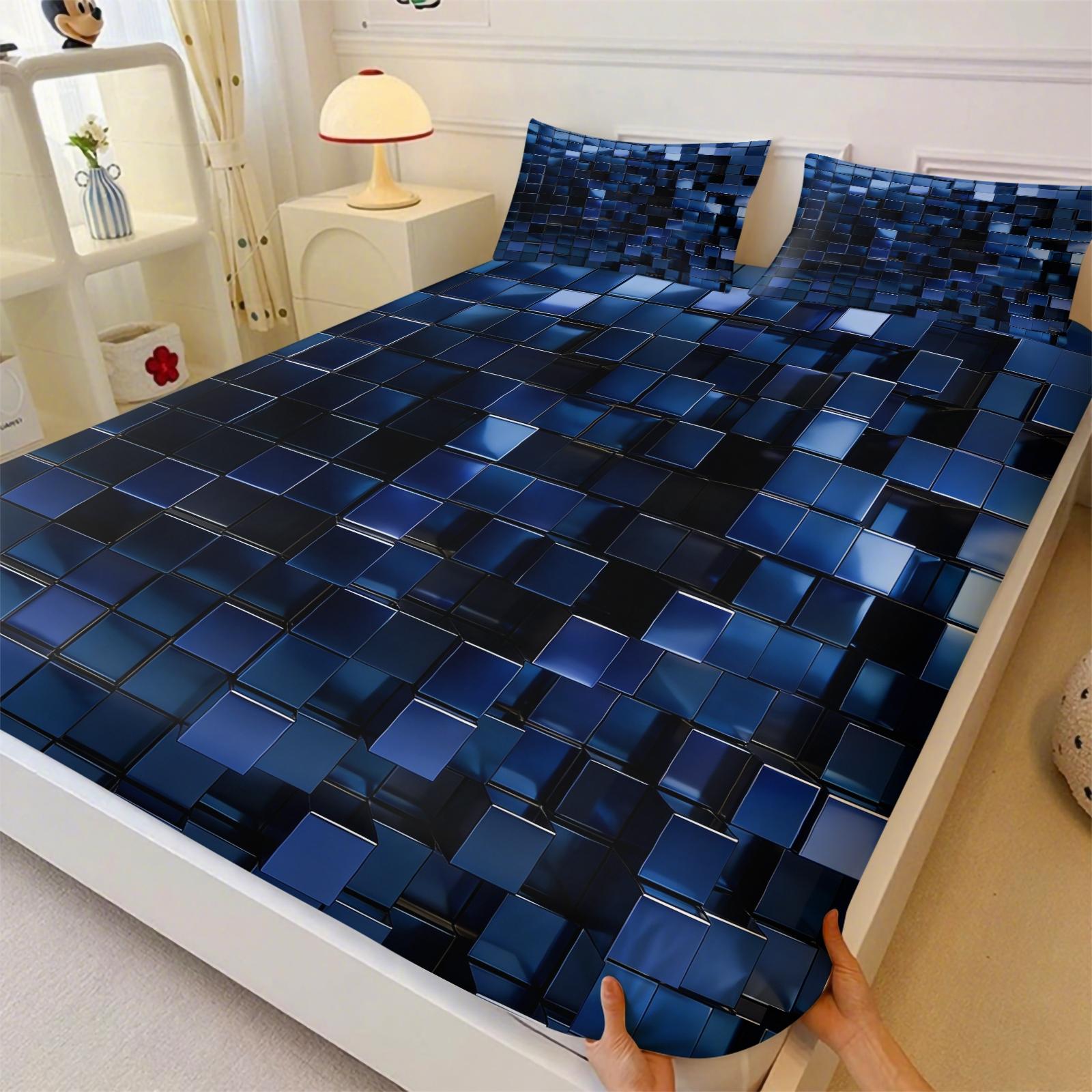 Sci-Fi Neon Cube Lava Fitted Sheet Set & 2 Pillowcases No Core, 3D Metal Texture Block & Red, Pink Neon Glow Design, Soft Anti-Slip Wrinkle-Resistant, Cyberpunk Bedroom E-Sport Room Decor, Gift for Boys, Teens