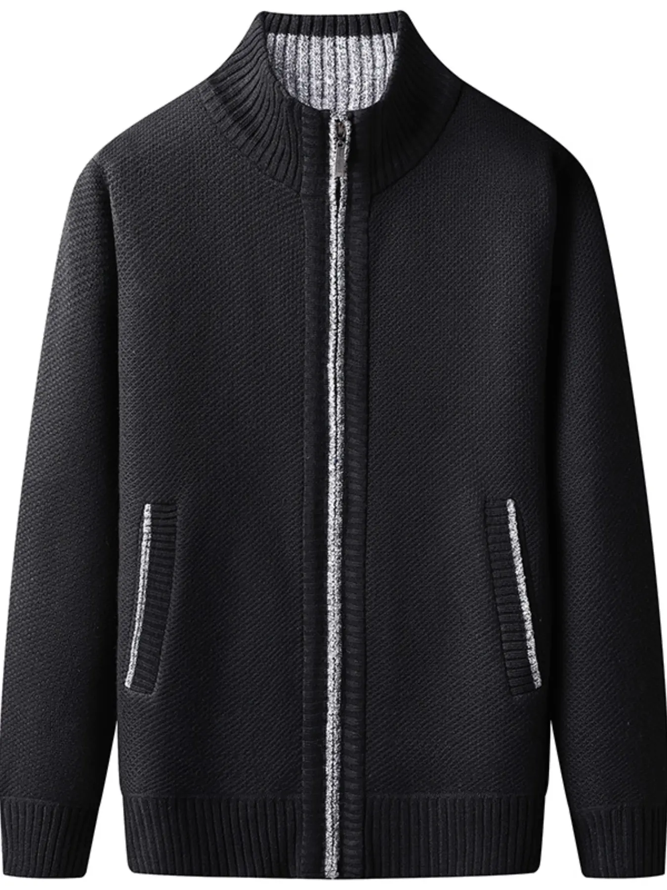 Men's Knitted Cardigan Sweater Jacket, Winter New Casual Stand Collar Fleece Lined Coat, Warm Zipper Pullover Outerwear for Office Daily Wear