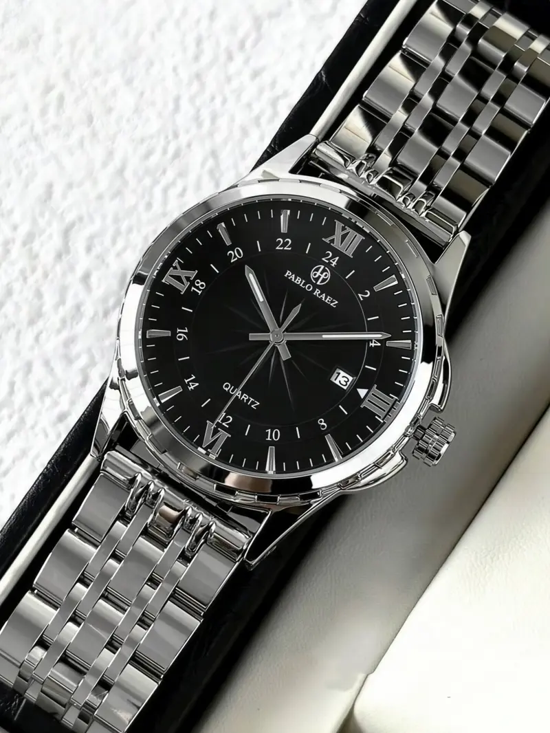 Men's Business Fashion Round Dial Analog Quartz Stainless Steel Watch, Fashion Watch for Party, Daily Clothing Decor, Trendy All-match & Exquisite Watch for Birthday Gift with Box