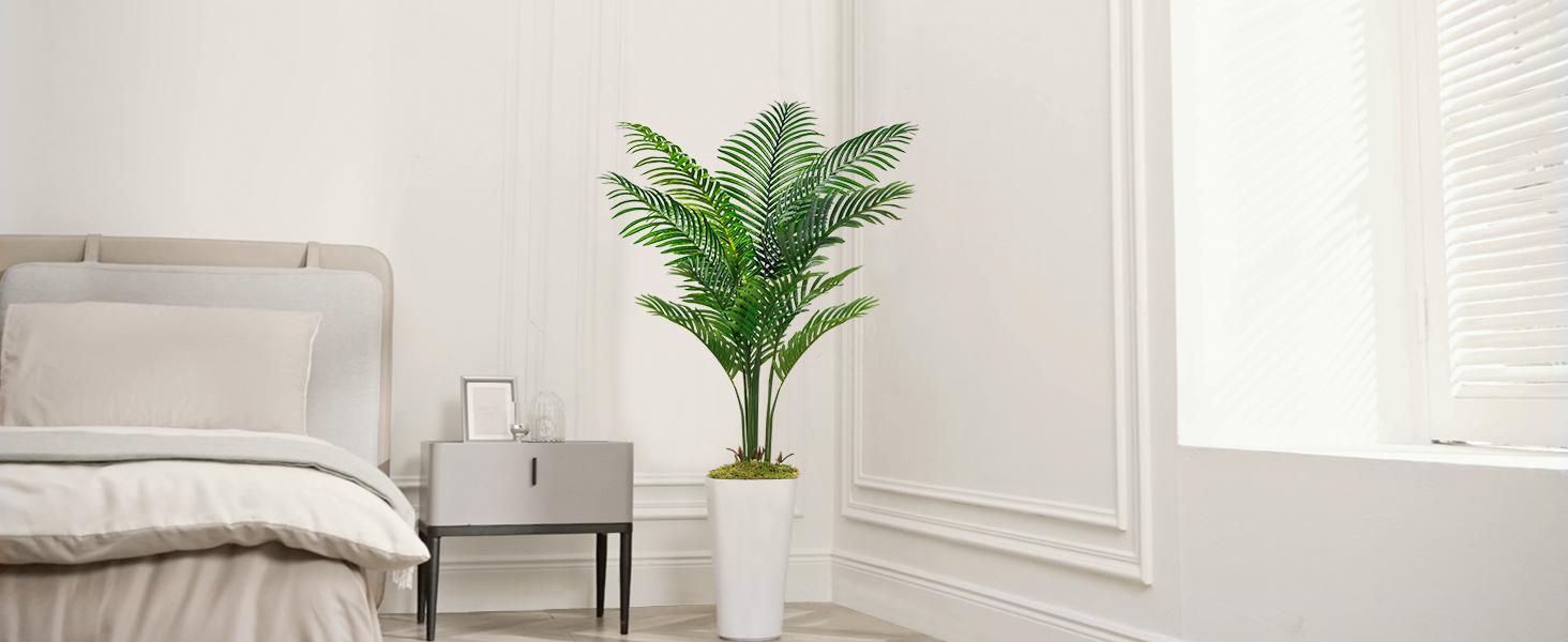 Lifelike 5ft Artificial Palm Tree - Fake Plant with White Tall Pot, Faux Tropical Golden Rattan Palm Tree with Realistic Palm Leaves, Indoor Floor Plant Decorative Fruit Ornaments for Home Office Decor