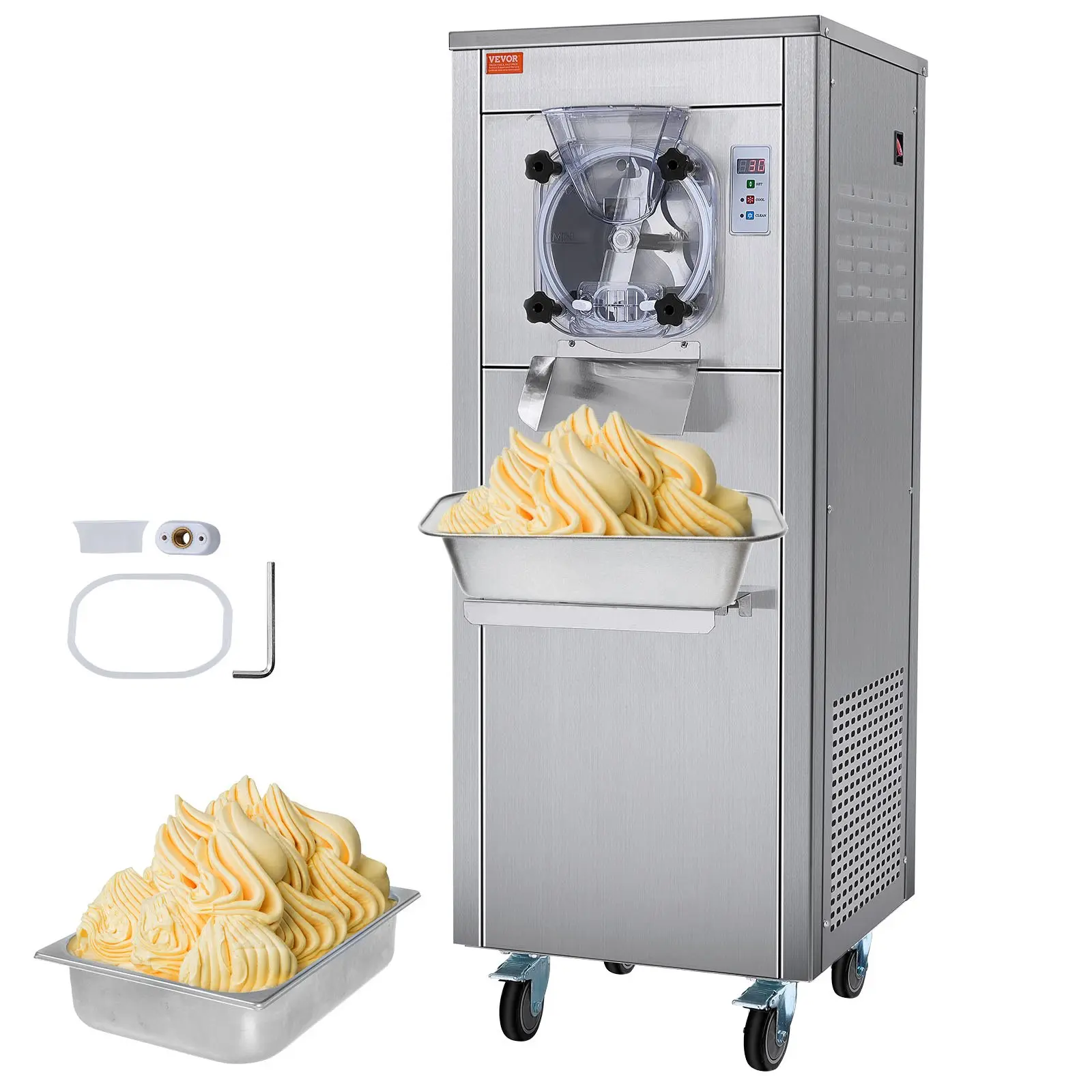 VEVOR Ice Cream Maker for Commercial Use, Produces 18 Liters per Hour, 1780W, Offers Single Flavor, Equipped with Wheels, 6L Stainless Cylinder, LED Display, Automatic Cleaning Pre-cooling Functi