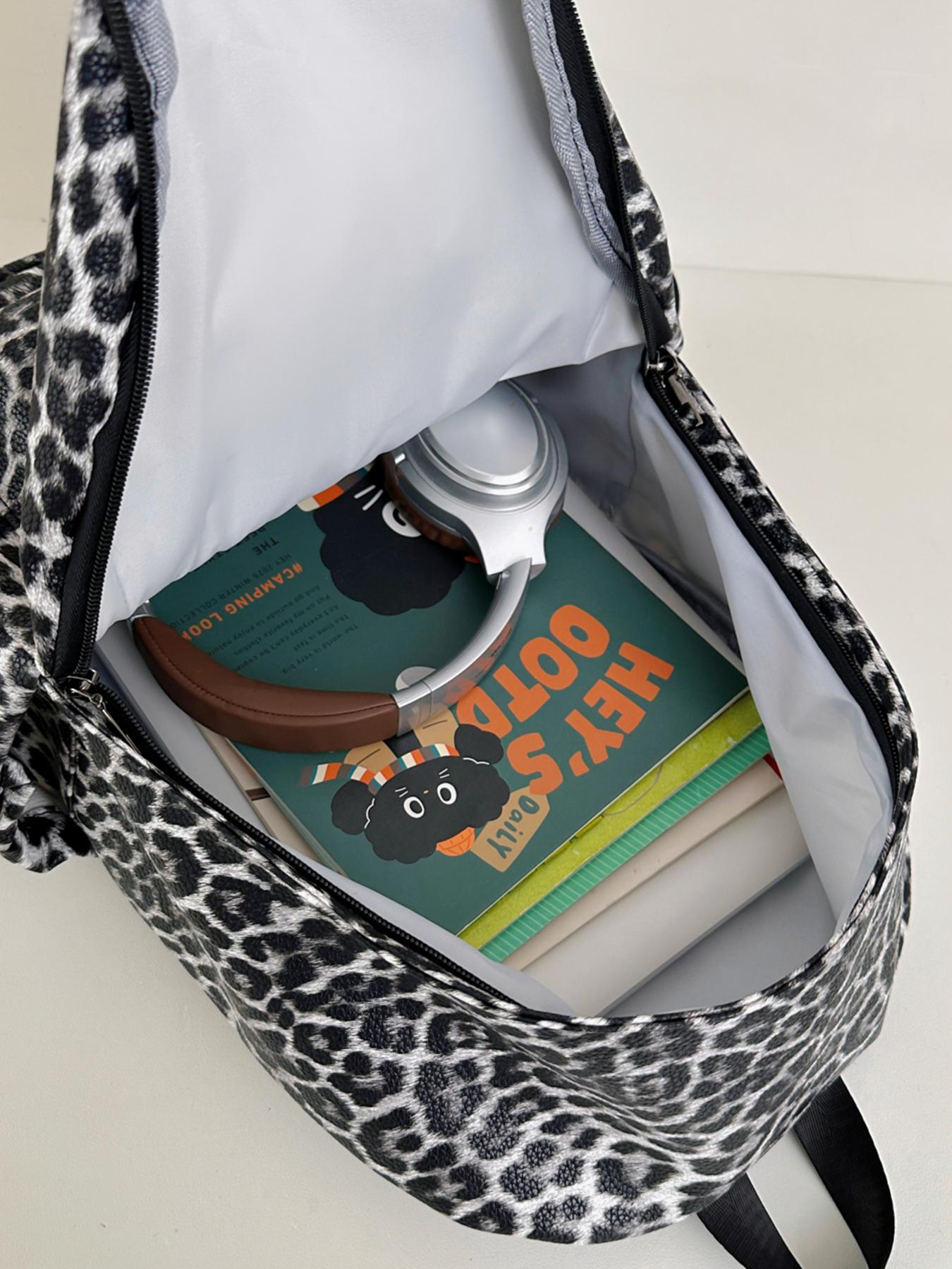 1pc  Women's backpack with large capacity, leopard pattern zipper closure, fashionable and versatile, personalized and trendy, suitable for college students to go to school, commute to work, go shopping, women's backpack, Casual Printed Backpack