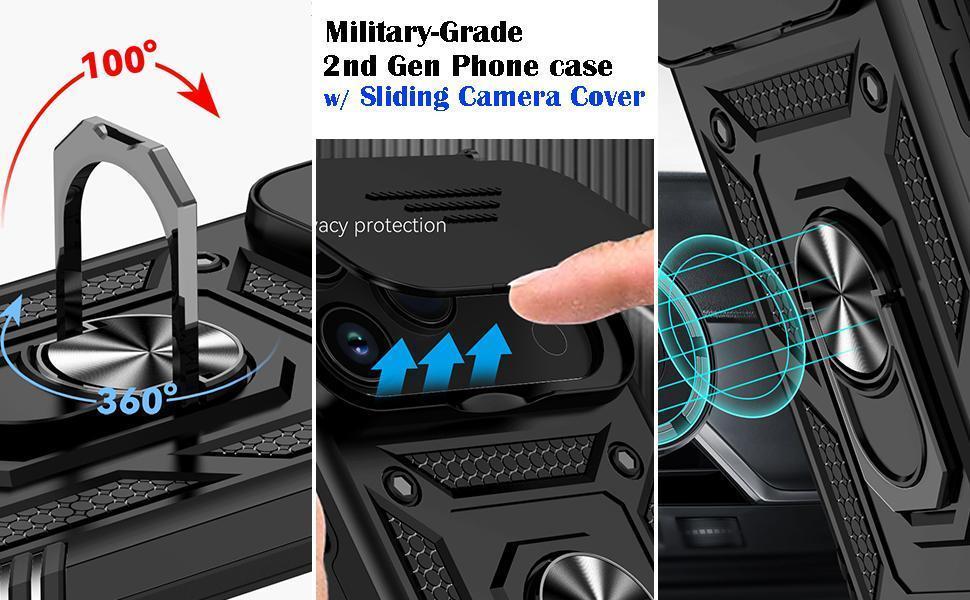 For iPhone 17 Pro Case, with Slide Camera Cover HD Screen Protector [Military Grade 16ft. Drop Tested] Ring Holder Kickstand Protective Phone Case for Apple iPhone 17 Pro, Black