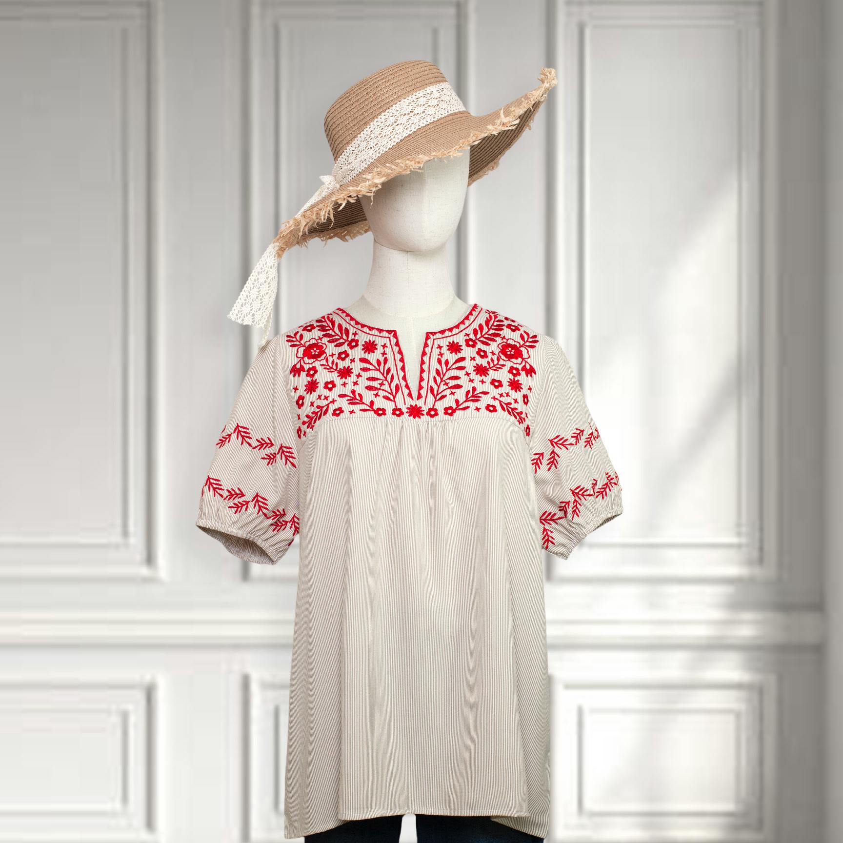 SageVell Boho Striped Blouse with Delicate Red Floral Embroidery, Puff Sleeves & Chic V - Neck, Feminine Cute Blouse Women's Top Shirts Medium