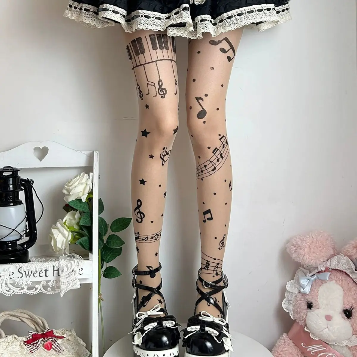 Sweet Musical Note Jacquard Tights for Spicy Girls, Versatile Slimming Niche Design Pantyhose