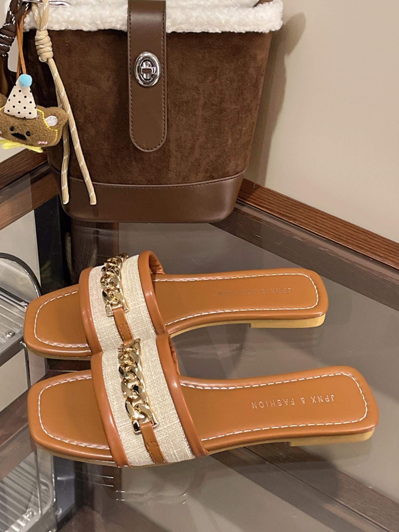 Women's Square Toe Sandals with Chain Decoration, Casual Flat Slip-On Shoes, Trendy Summer Fashion Footwear