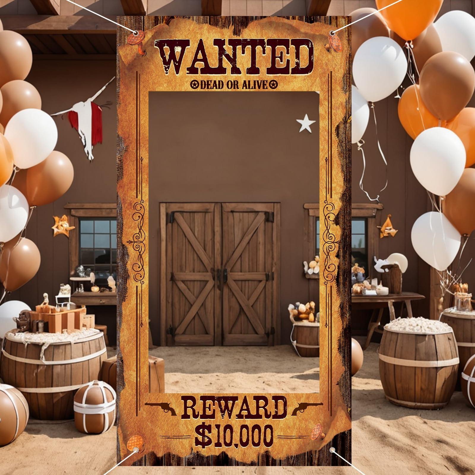 Large Cowboy Party Decorations Banners Western Wanted Photo Banner Fun Frame Prop Wild West Selfie Banner for Birthday Game Party Vintage Country Decor