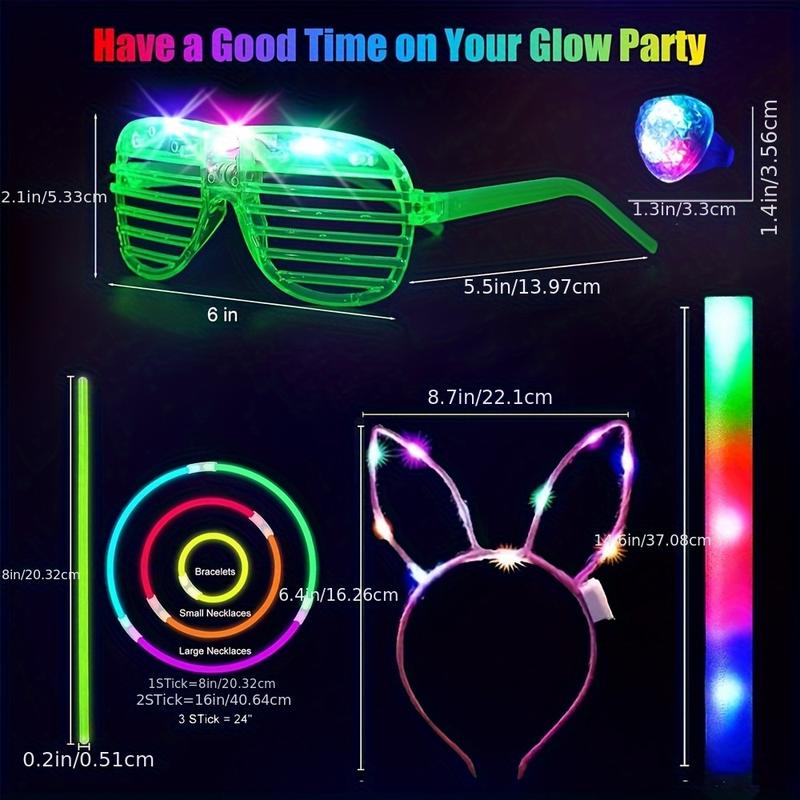 142 Pieces Light Up Party Set: 12 Pieces Foam Light Up Sticks, 12 Pieces LED Glasses, 100 Pieces Light Up Sticks, 12 Pieces Finger Lights, 6 Pieces Light Up Headbands for Weddings, Concerts, Raves, Birthday Parties, Mother's Day Decorations Colorful