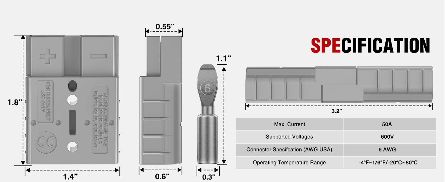Nilight Anderson Connector 50AMP 6AWG Anderson Plug 12V-36V Battery Quick Connect/Disconnect Wire Harness Plugs Connectors Kit for 6 Gauge Cables Car Marine ATV Trailer Towing Winch Motor, 4 Pack Grey