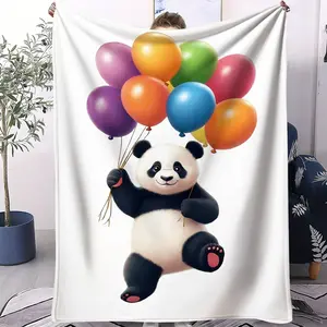 Cute Panda Holding Colorful Balloons Flannel Blanket, Fun Cartoon Animal Print Throw Blanket, Ultra Soft Cozy Warm Blanket, Cheerful Gift Blanket for Kids, Panda Lovers, Couch & Bed