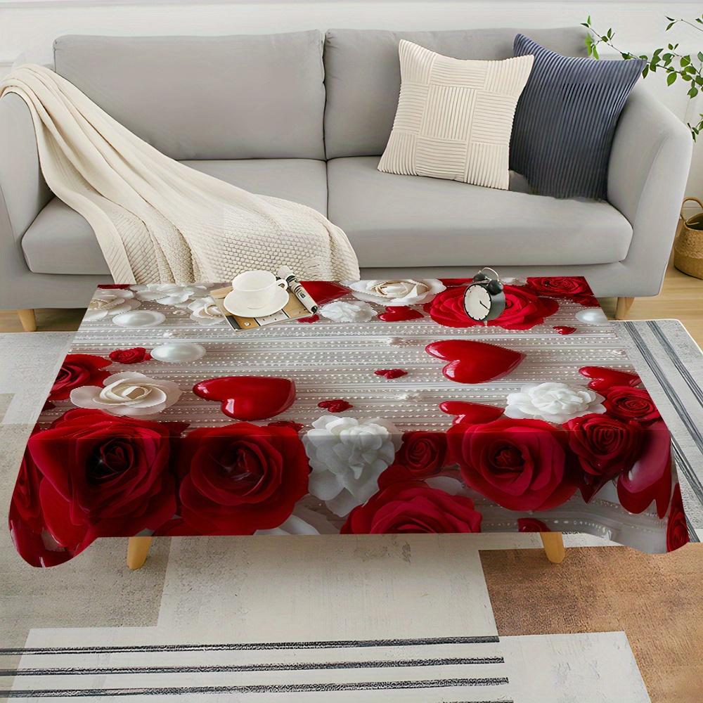 【 1PC 】 Romantic Printed Polyester Tablecloth with Rose, Pearl, and Heart Patterns, Suitable for Home, Kitchen, Restaurant, Party, Holiday - Indoor/outdoor Use