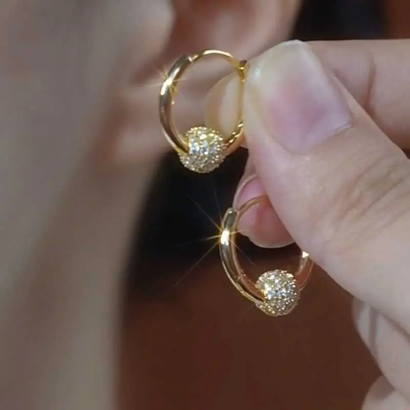 Fashionable Premium Full Rhinestone Ball Hoop Earrings Delicate Versatile 2024 Unique Niche Elegant Light Luxury Ear Jewelry DL260804H14