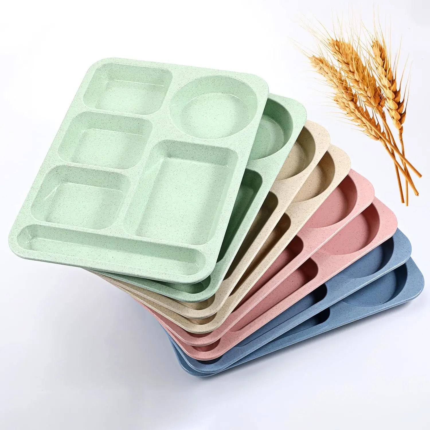 8 Pack Unbreakable Divided  Plates, 14 Inch Wheat Straw Tray, 5 Compartment   Tray, Large Portion Control Plate for Adults, Microwave & Dishwasher Safe, Multicolor