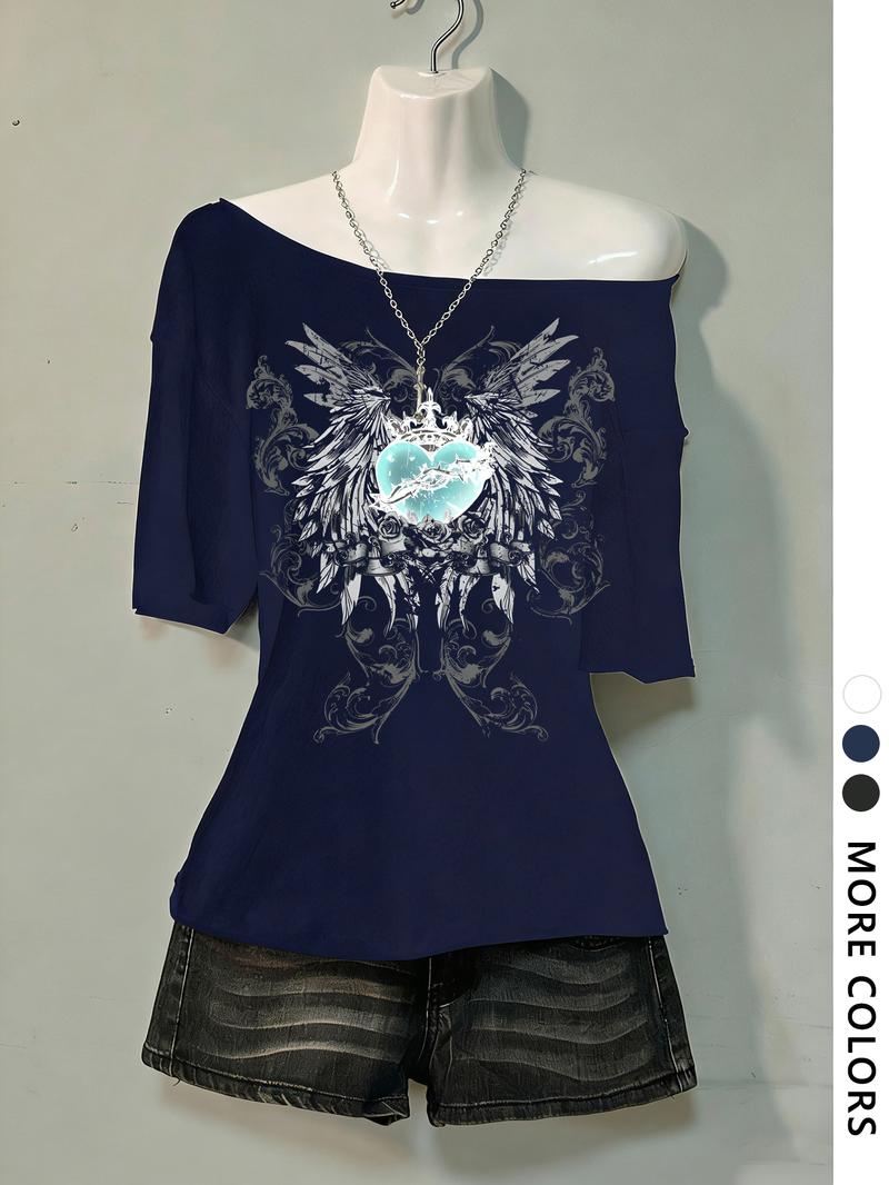 Women's Asymmetrical Neck Digital Print Summer Casual T-Shirt, Vintage Campus Style, Fashion Trend Letter Design Women's Asymmetrical Neck Digital Print Summer Casual T-Shirt, Vintage Campus Style, Fashion Trend Letter Design