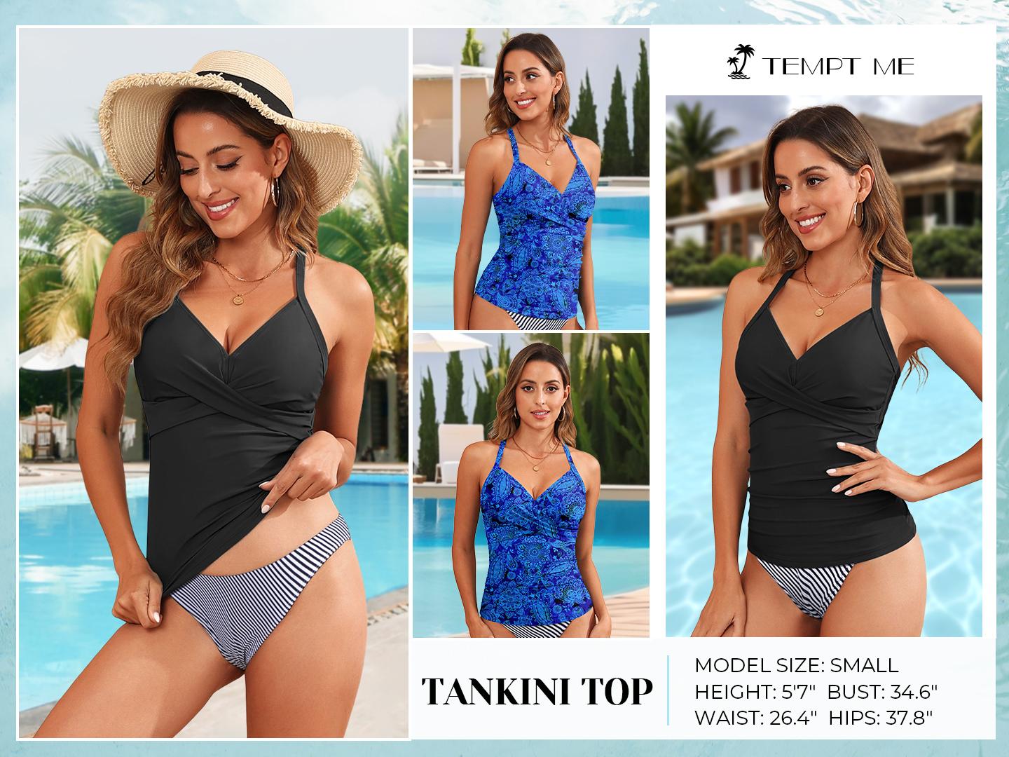 Tempt Me Women Tankini Bathing Suit Top - Twist Front V Neck Swim Top Ruched Tummy Control Top Only No Bottom